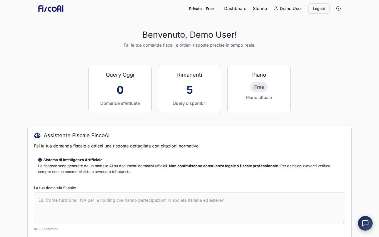 Dashboard FiscoAI — schermata iniziale