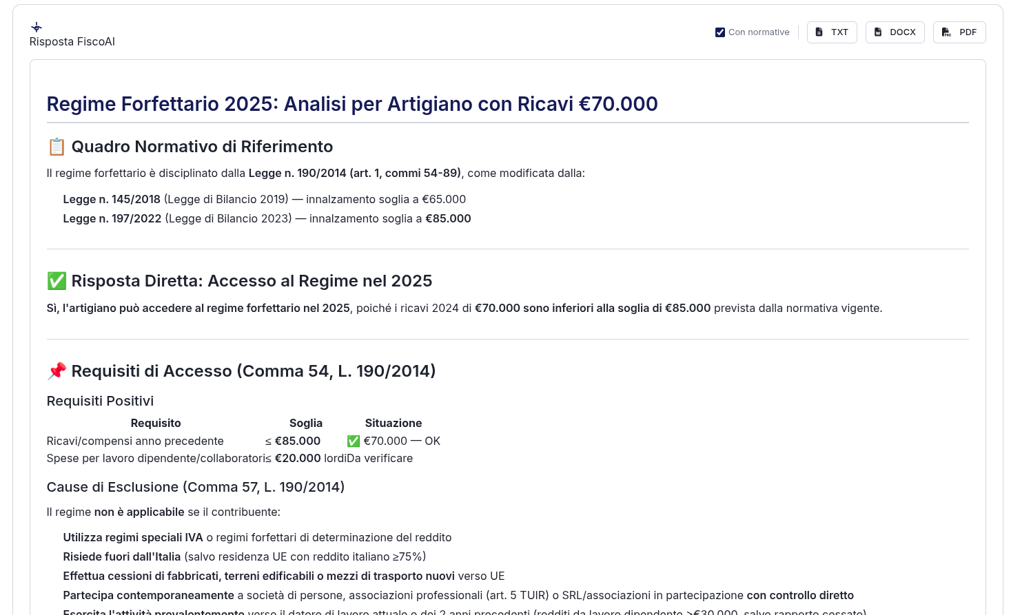 Risposta FiscoAI con struttura normativa